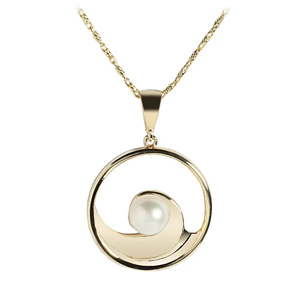 14K Yellow Gold Wave In Circle with Pearl Pendant (Chain Sold Separately)