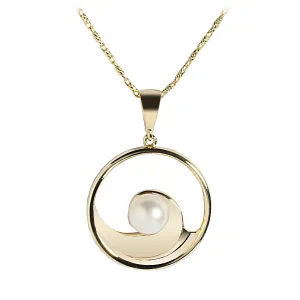 14K Yellow Gold Wave In Circle with Pearl Pendant (Chain Sold Separately)