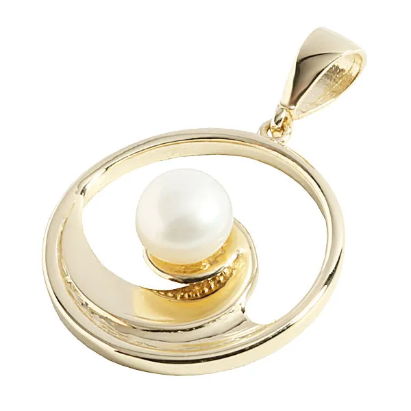 14K Yellow Gold Wave In Circle with Pearl Pendant (Chain Sold Separately)