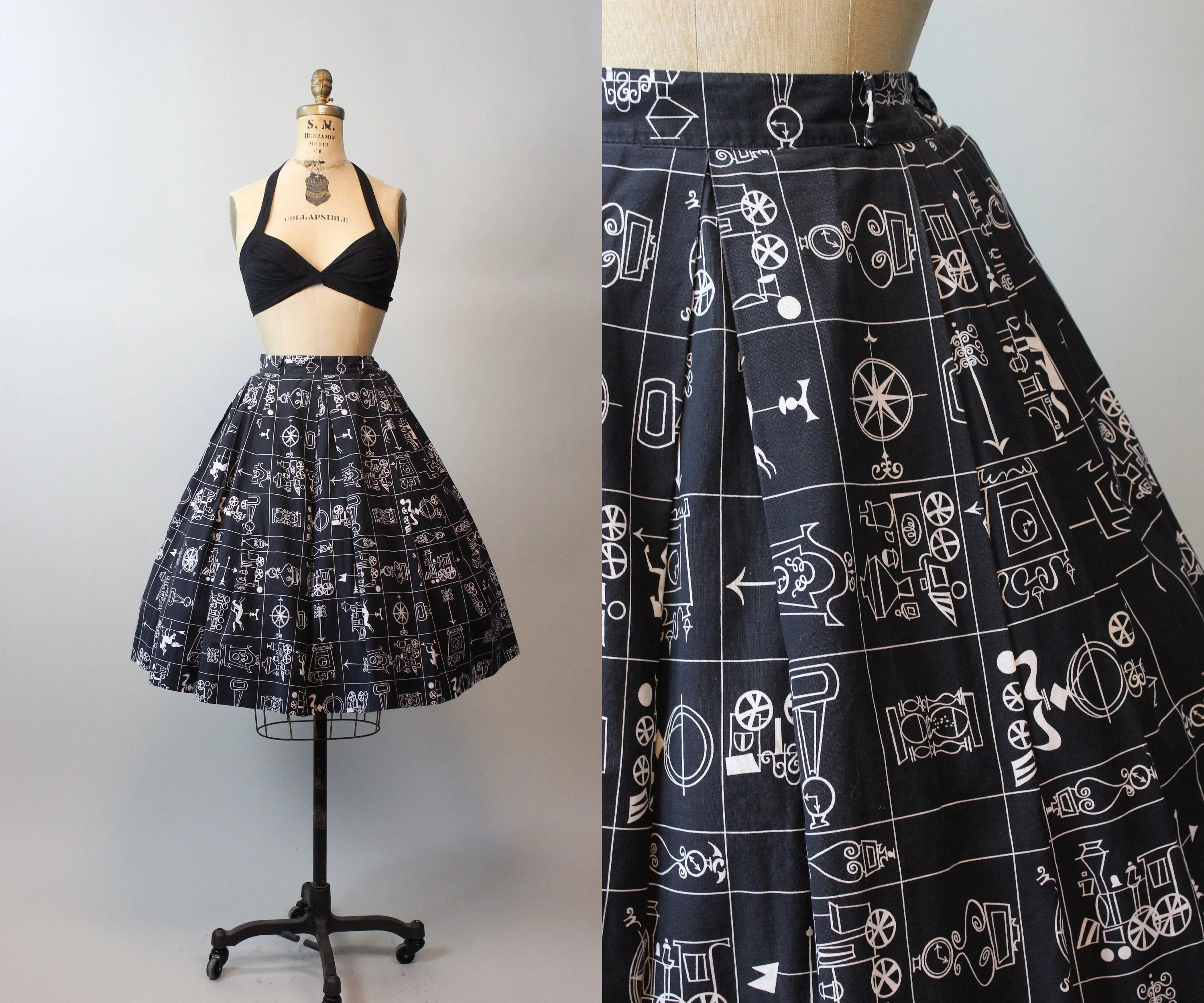 1950s TRAIN CLOCK novelty print skirt xs | new spring