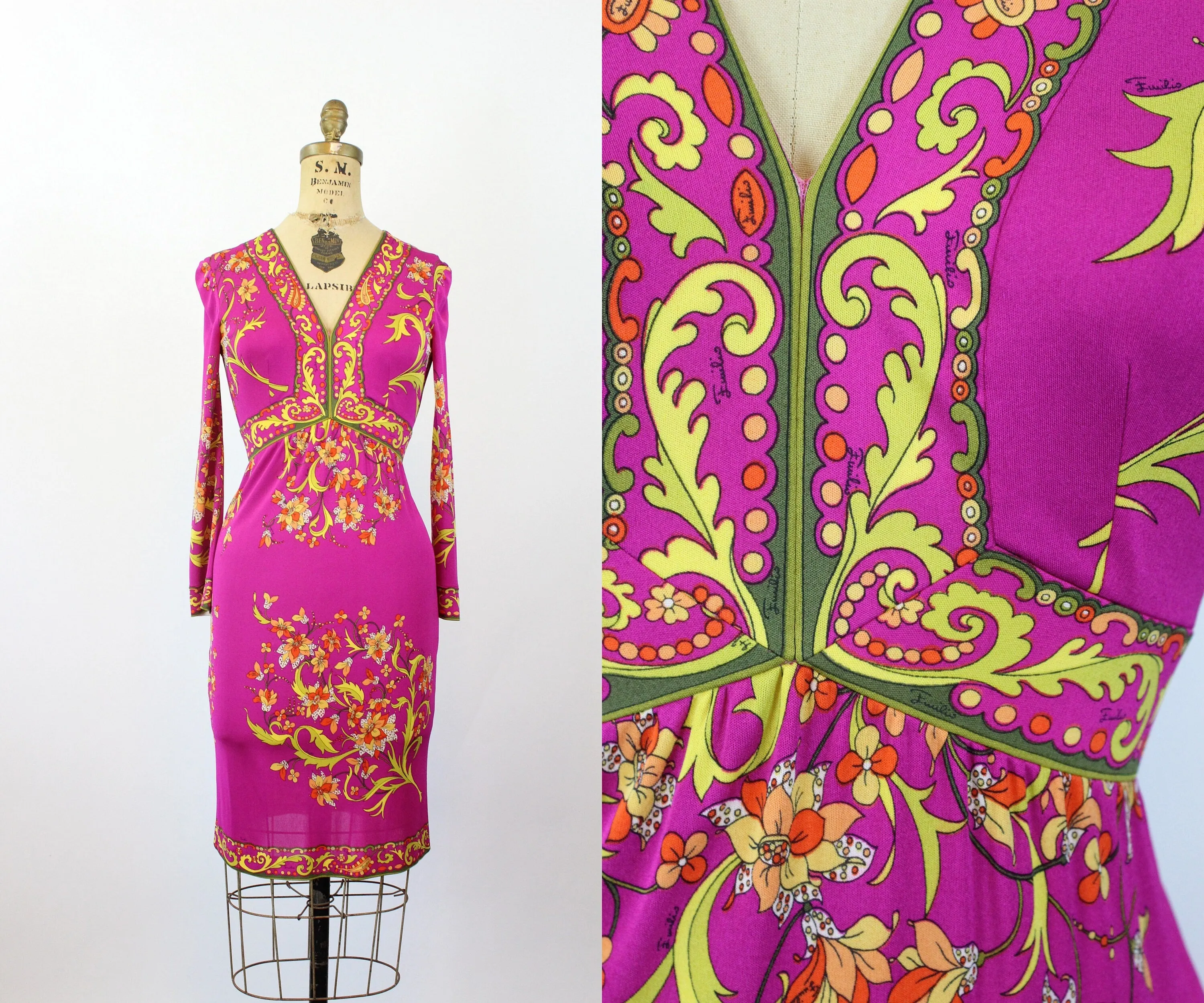 1960s 1970s EMILIO PUCCI magenta chartreuse SILK dress xs | new fall