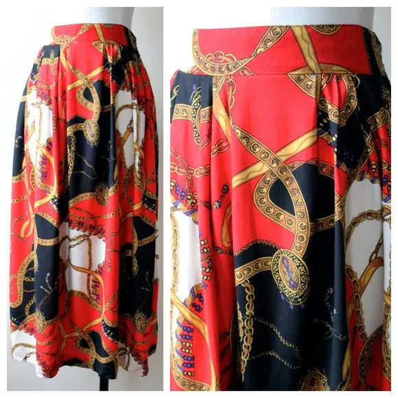 1980s Red and Black Gold Purple Chain Printed Skirt | Vintage | VTG Skirts