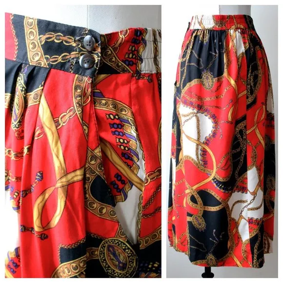 1980s Red and Black Gold Purple Chain Printed Skirt | Vintage | VTG Skirts