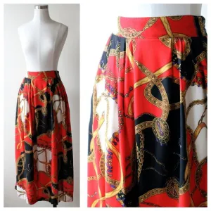 1980s Red and Black Gold Purple Chain Printed Skirt | Vintage | VTG Skirts