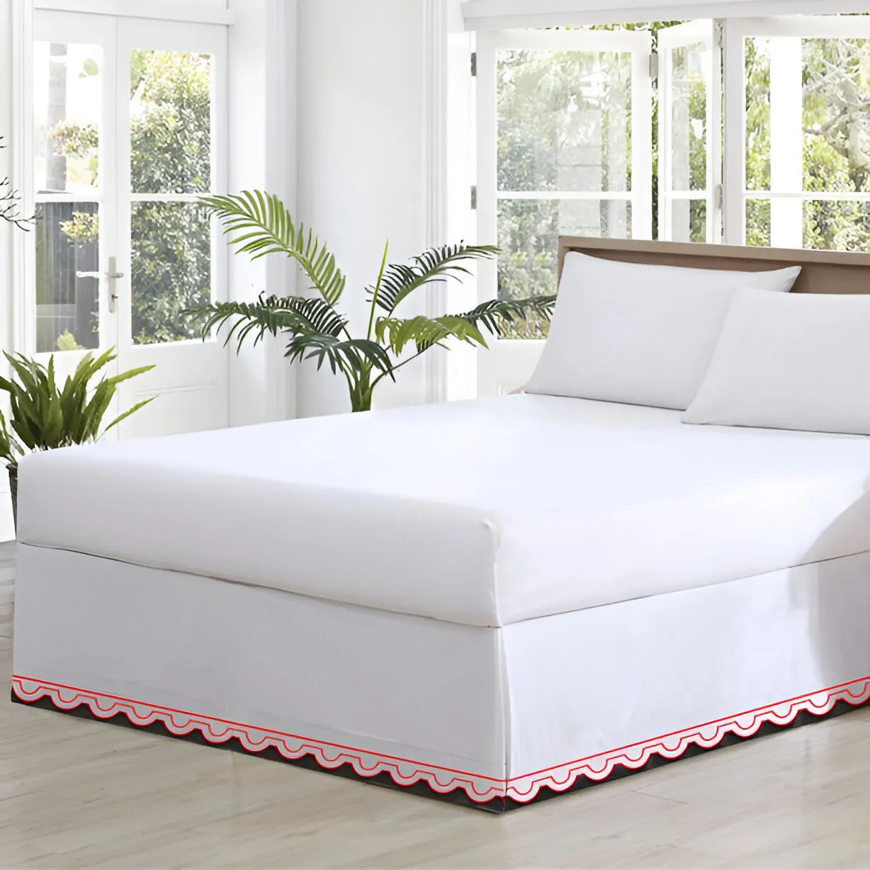 400TC U Shape Solid Cotton Scallop Embroidery Tailored Bed Skirt