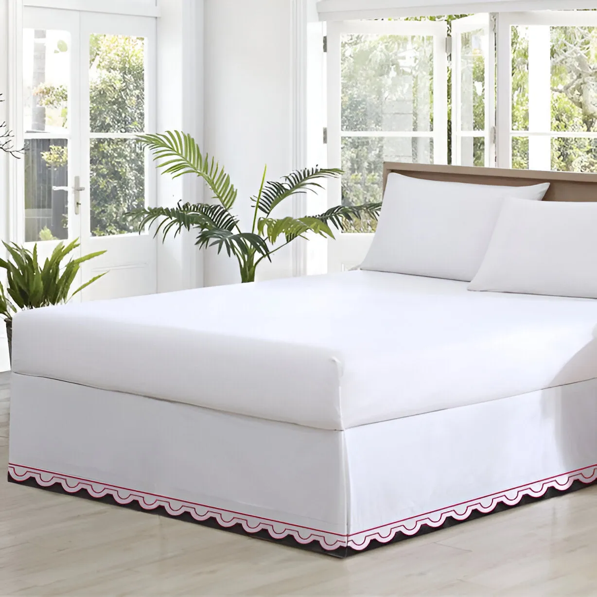 400TC U Shape Solid Cotton Scallop Embroidery Tailored Bed Skirt