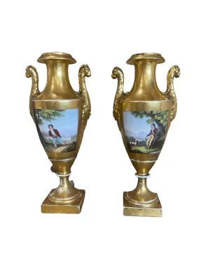 A Pair, Vintage Sevres Porcelain & Gold Urns