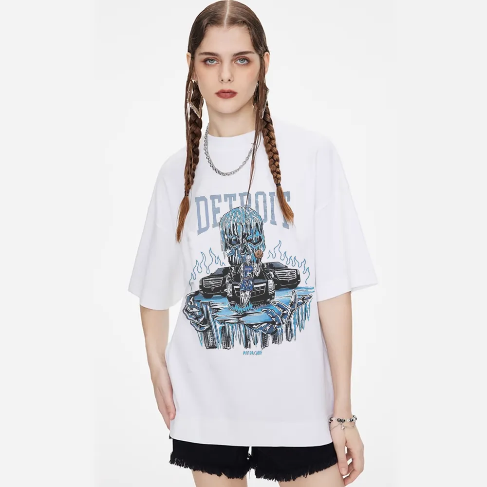 Anime Skull Detroit Print Crew Neck T-shirt
