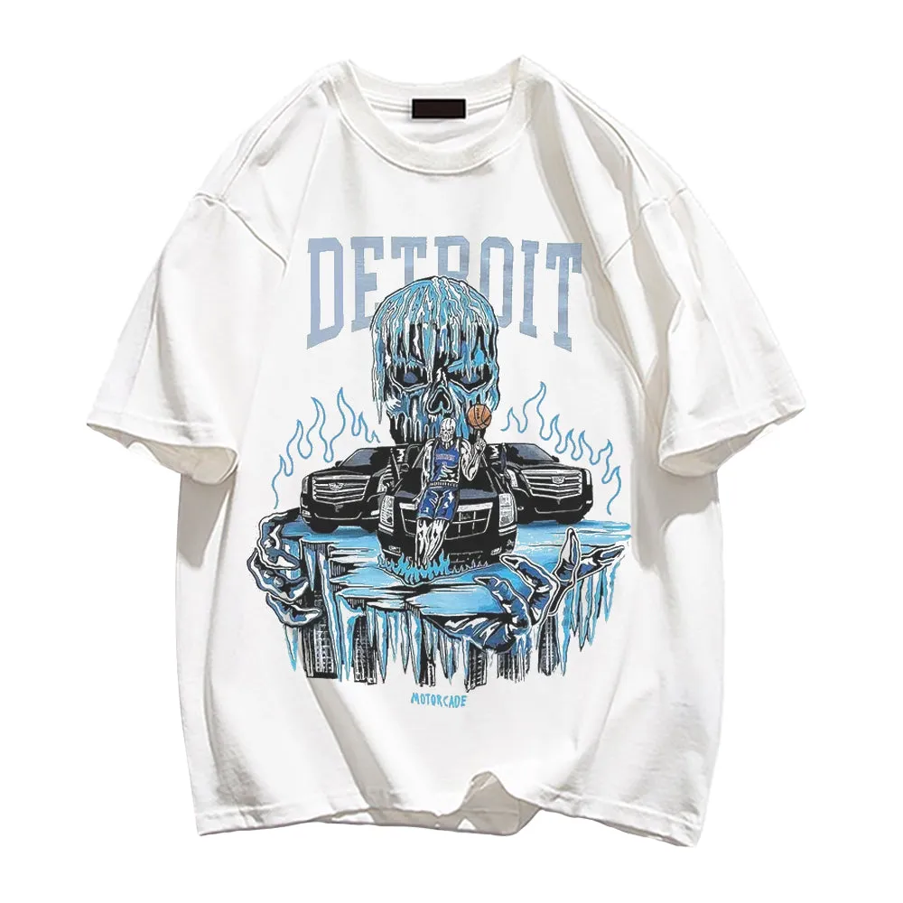 Anime Skull Detroit Print Crew Neck T-shirt
