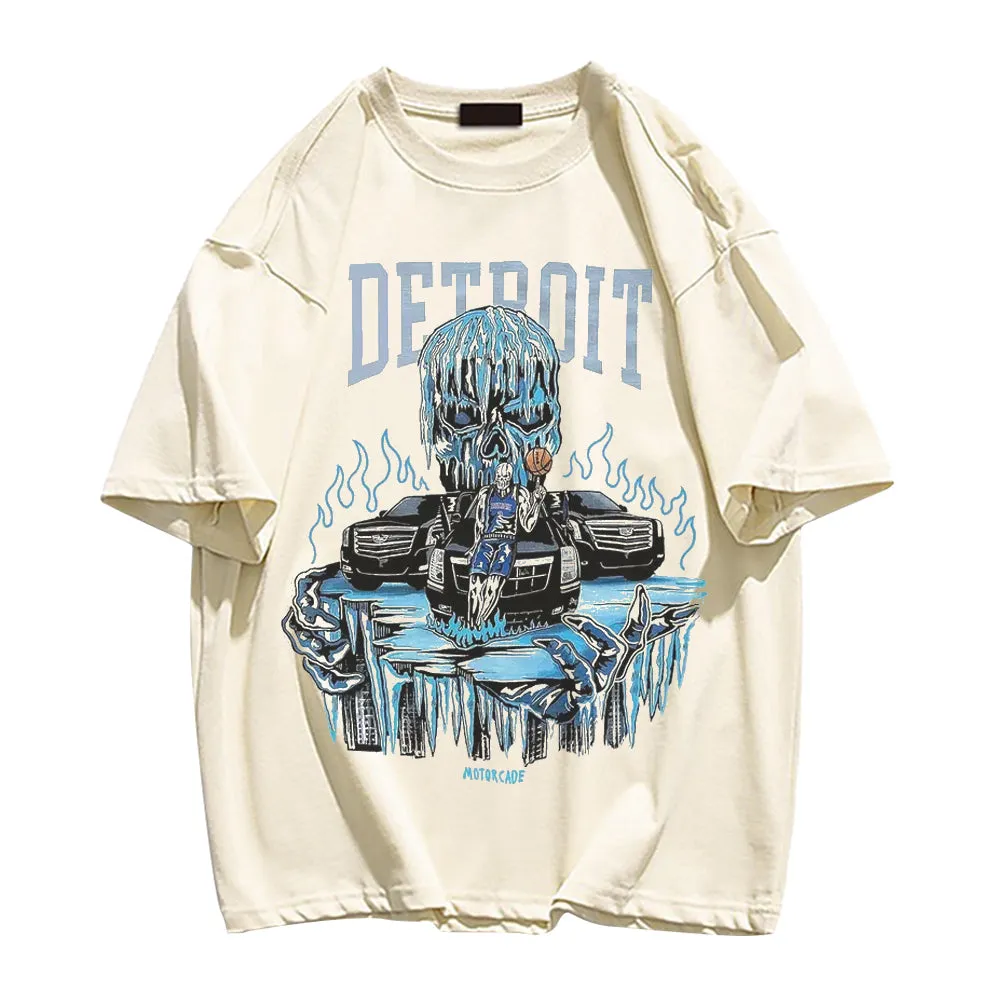 Anime Skull Detroit Print Crew Neck T-shirt