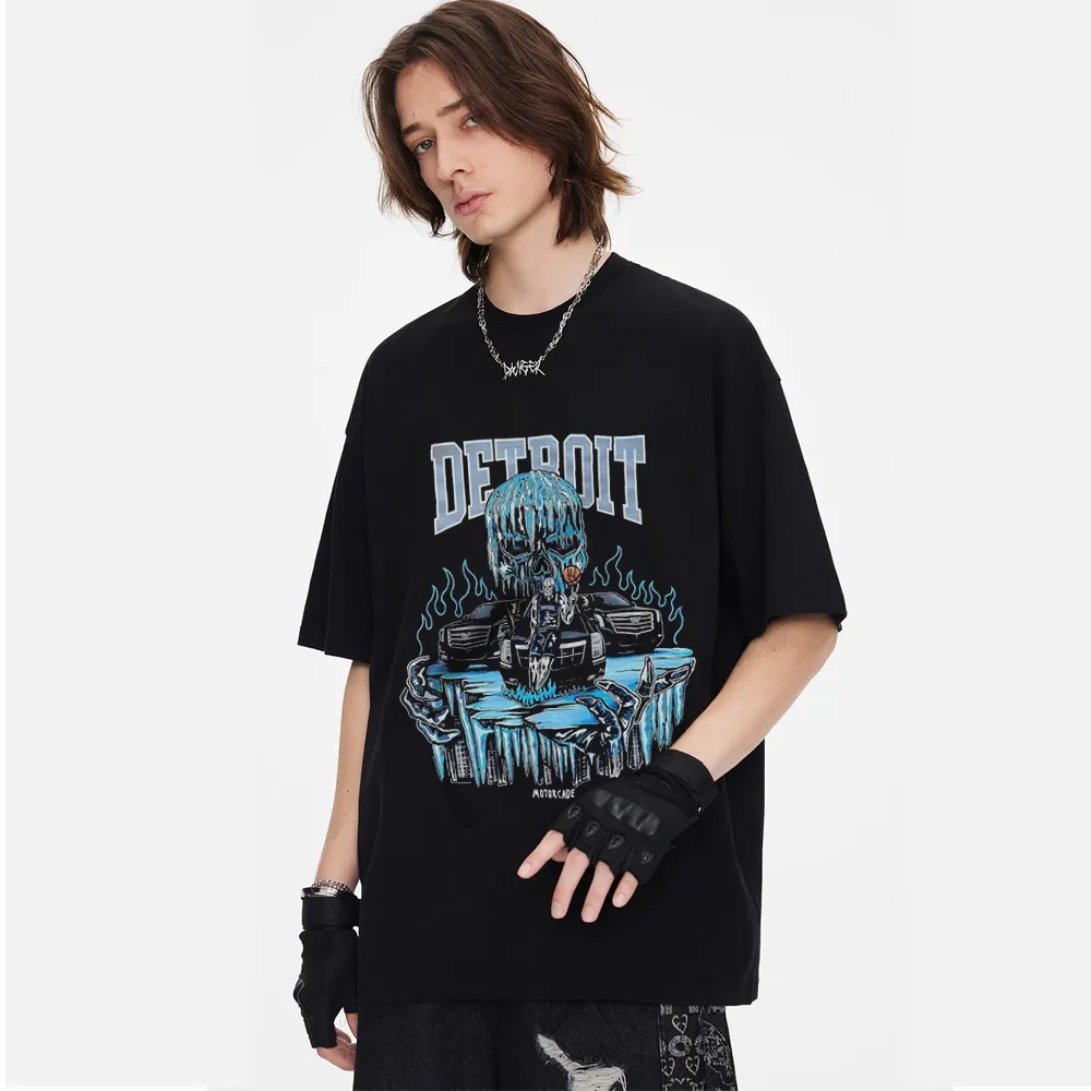 Anime Skull Detroit Print Crew Neck T-shirt