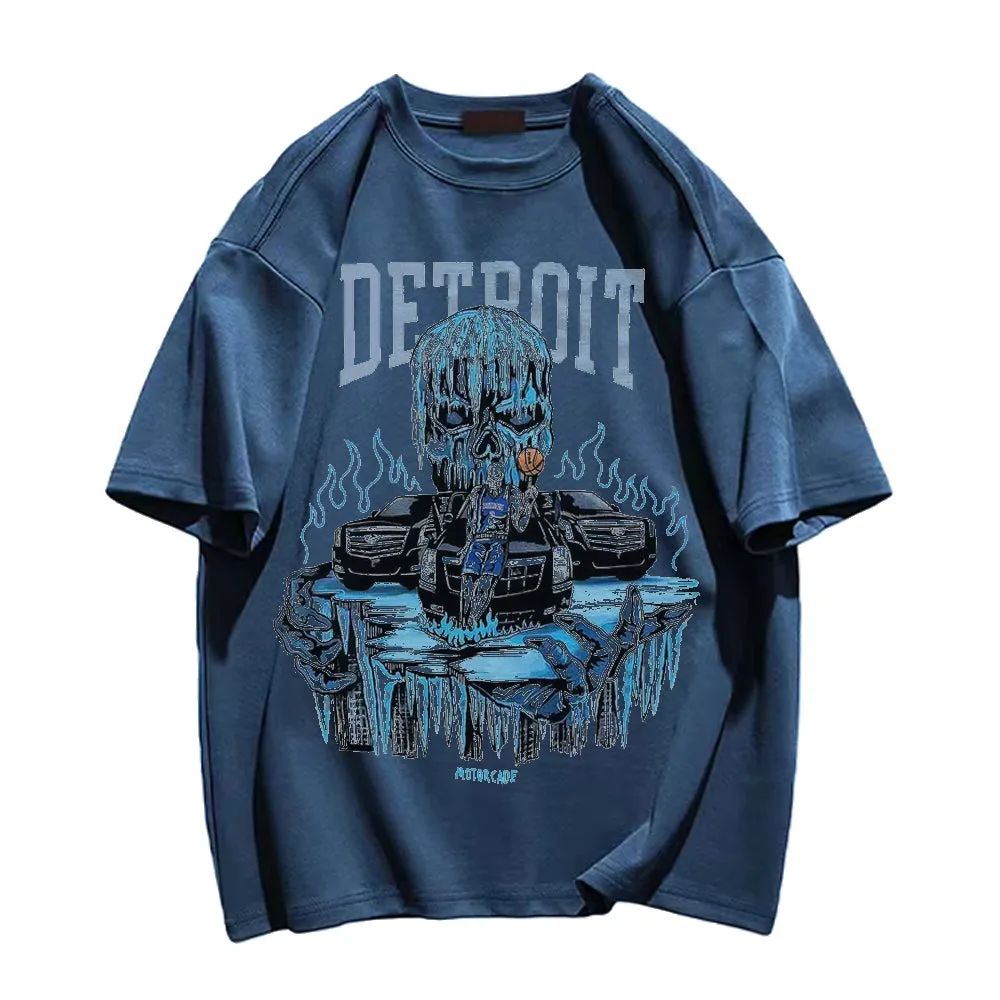Anime Skull Detroit Print Crew Neck T-shirt