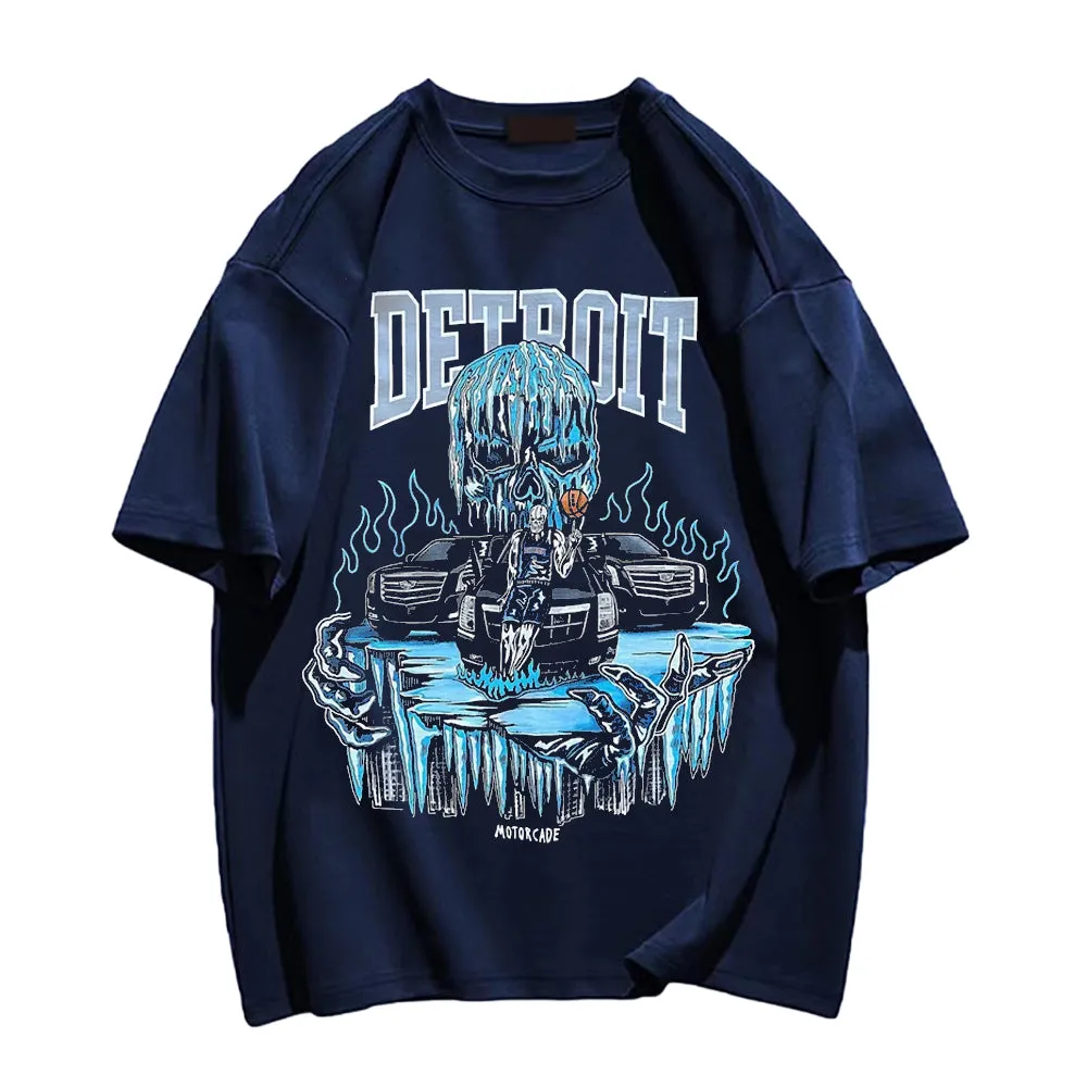 Anime Skull Detroit Print Crew Neck T-shirt