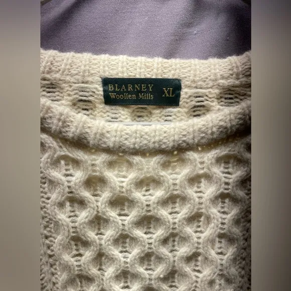 Authentic Blarney Woollen Mills Hand-Knit Sweater - Size XL, Creamy Ivory!!