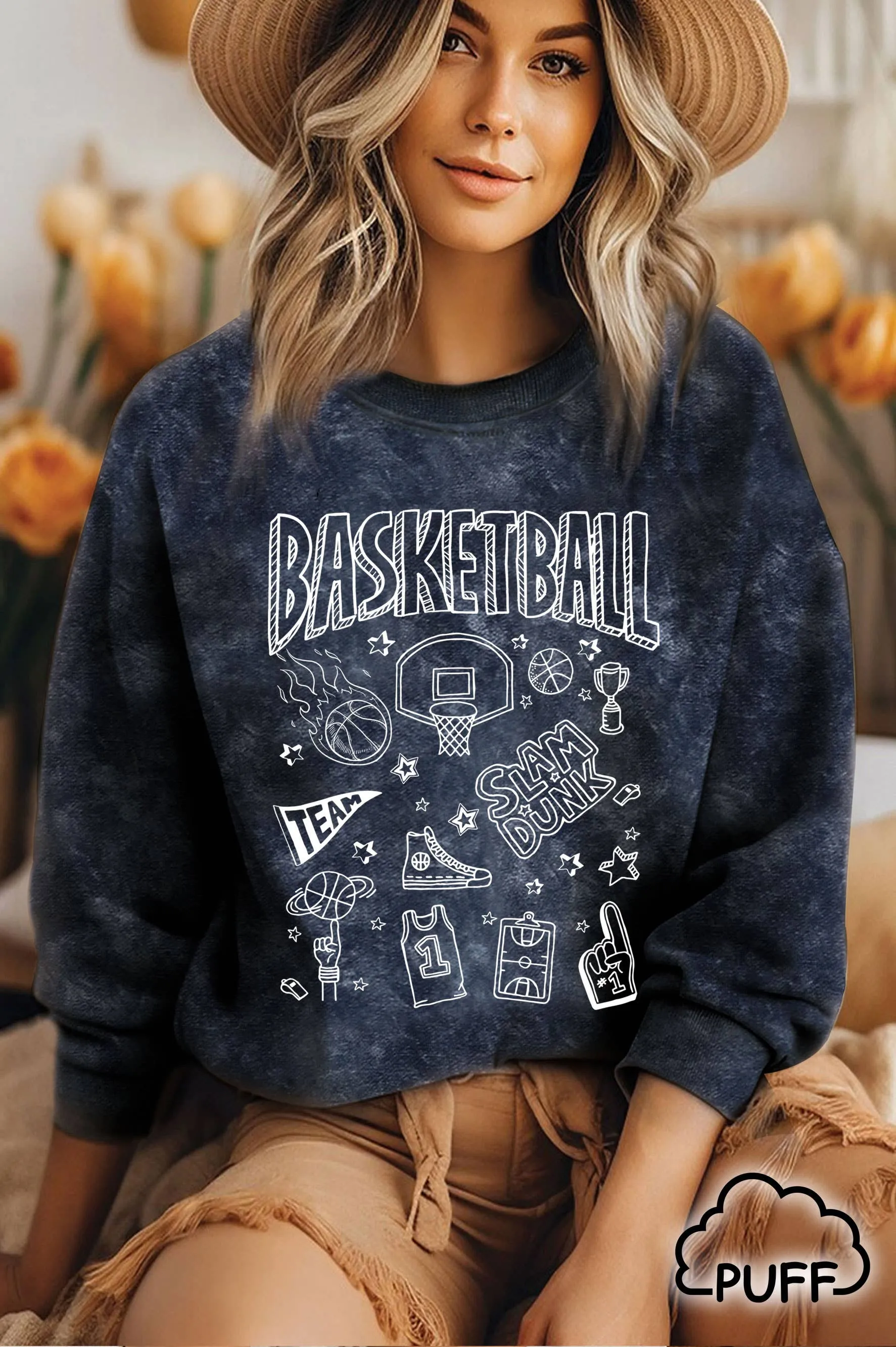 BASKETBALL CHARACTER MINERAL GRAPHIC BRUSHED SWEATSHIRTS