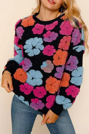 Black Fuzzy Flower Applique Round Neck Sweatshirt