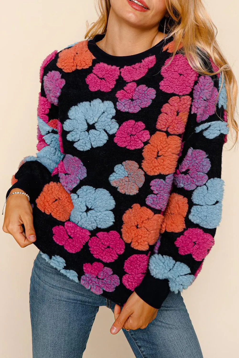 Black Fuzzy Flower Applique Round Neck Sweatshirt