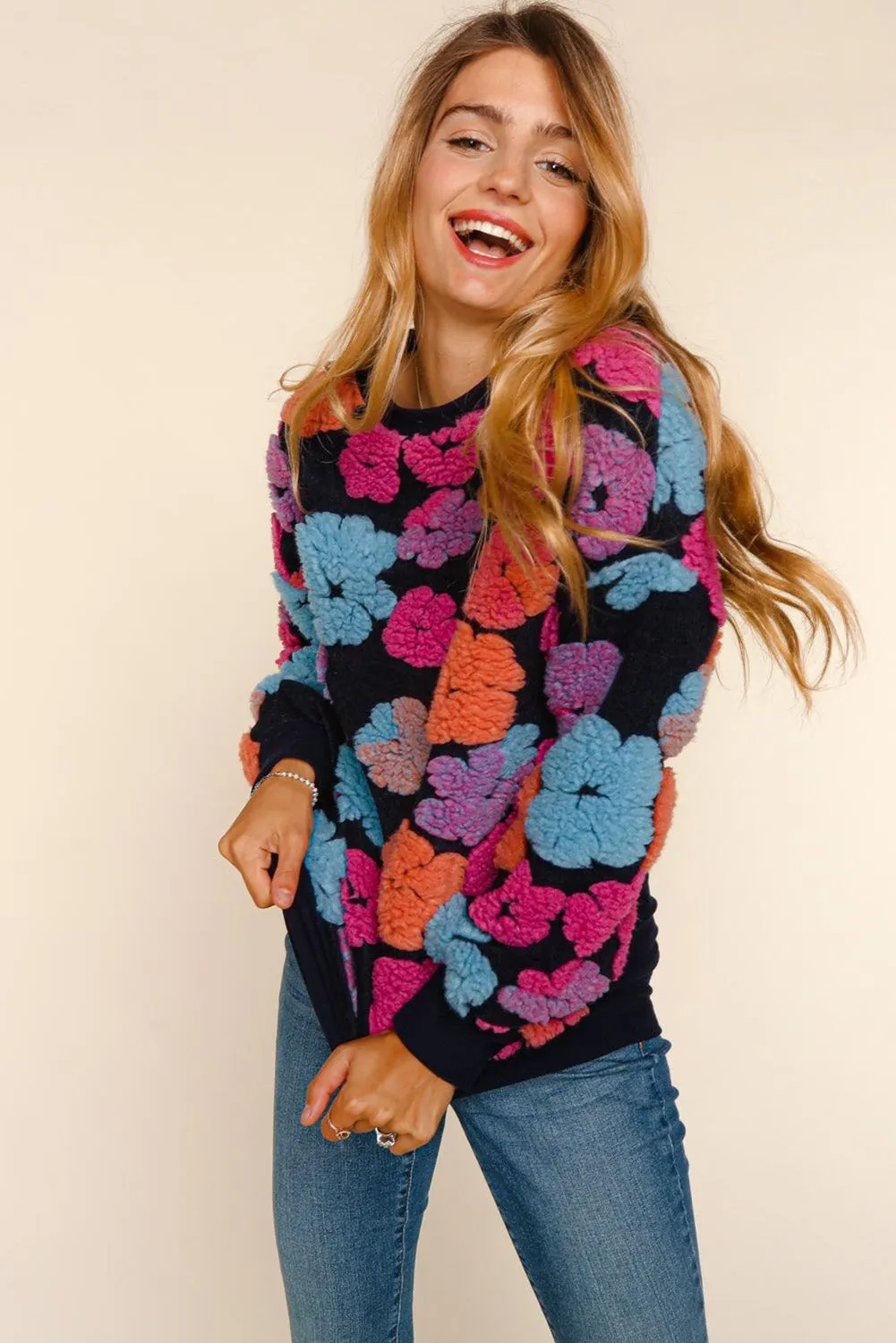 Black Fuzzy Flower Applique Round Neck Sweatshirt