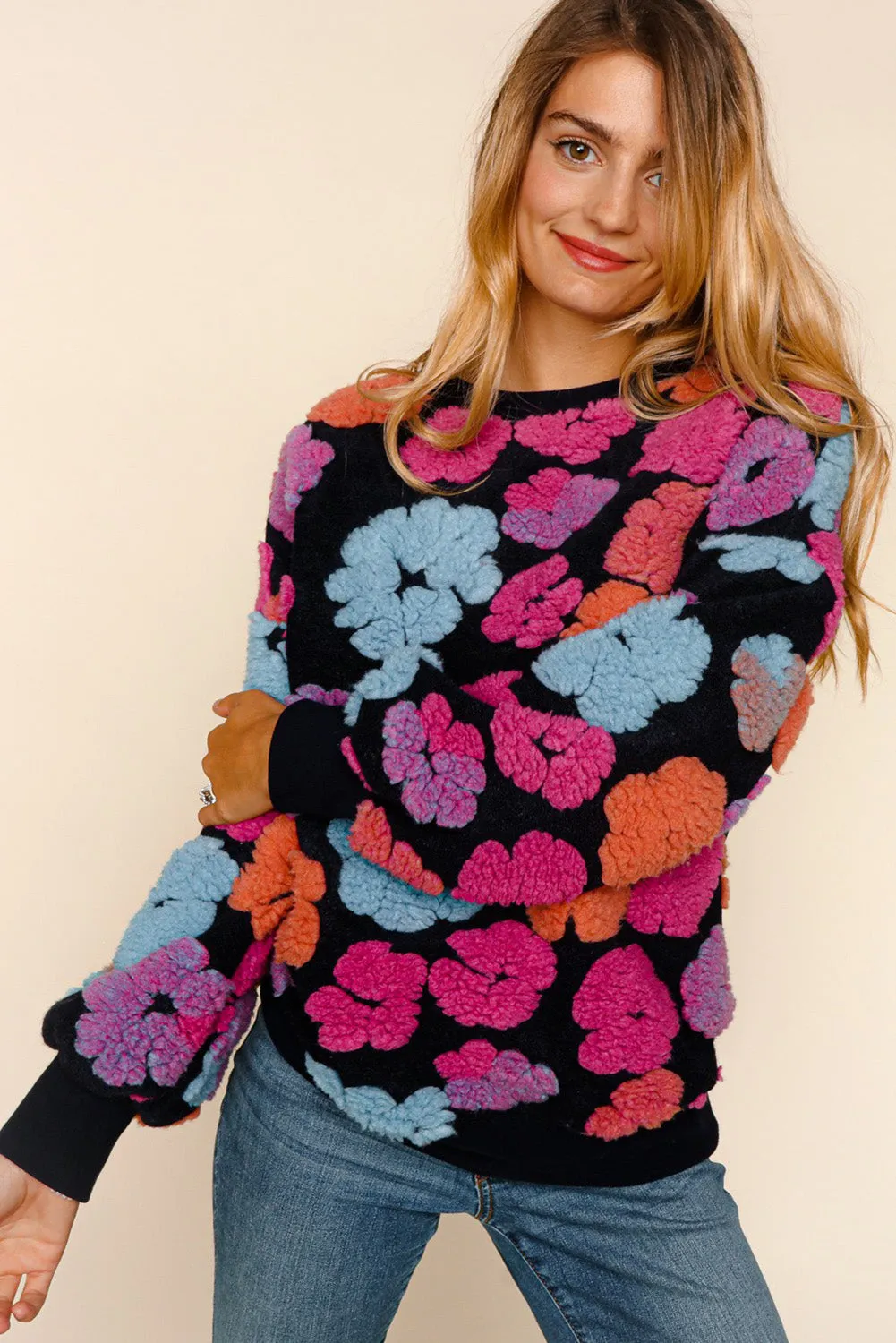 Black Fuzzy Flower Applique Round Neck Sweatshirt
