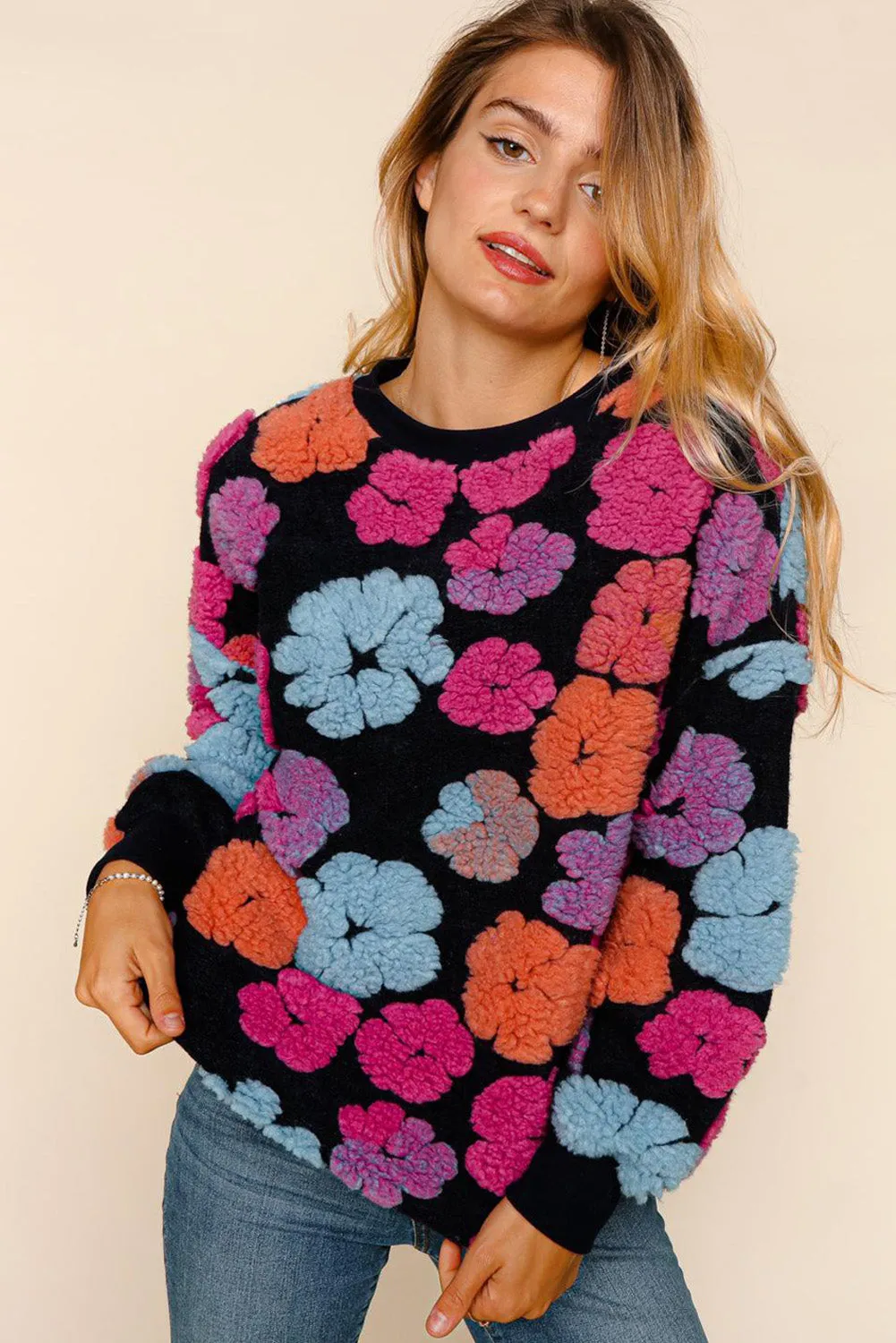 Black Fuzzy Flower Applique Round Neck Sweatshirt