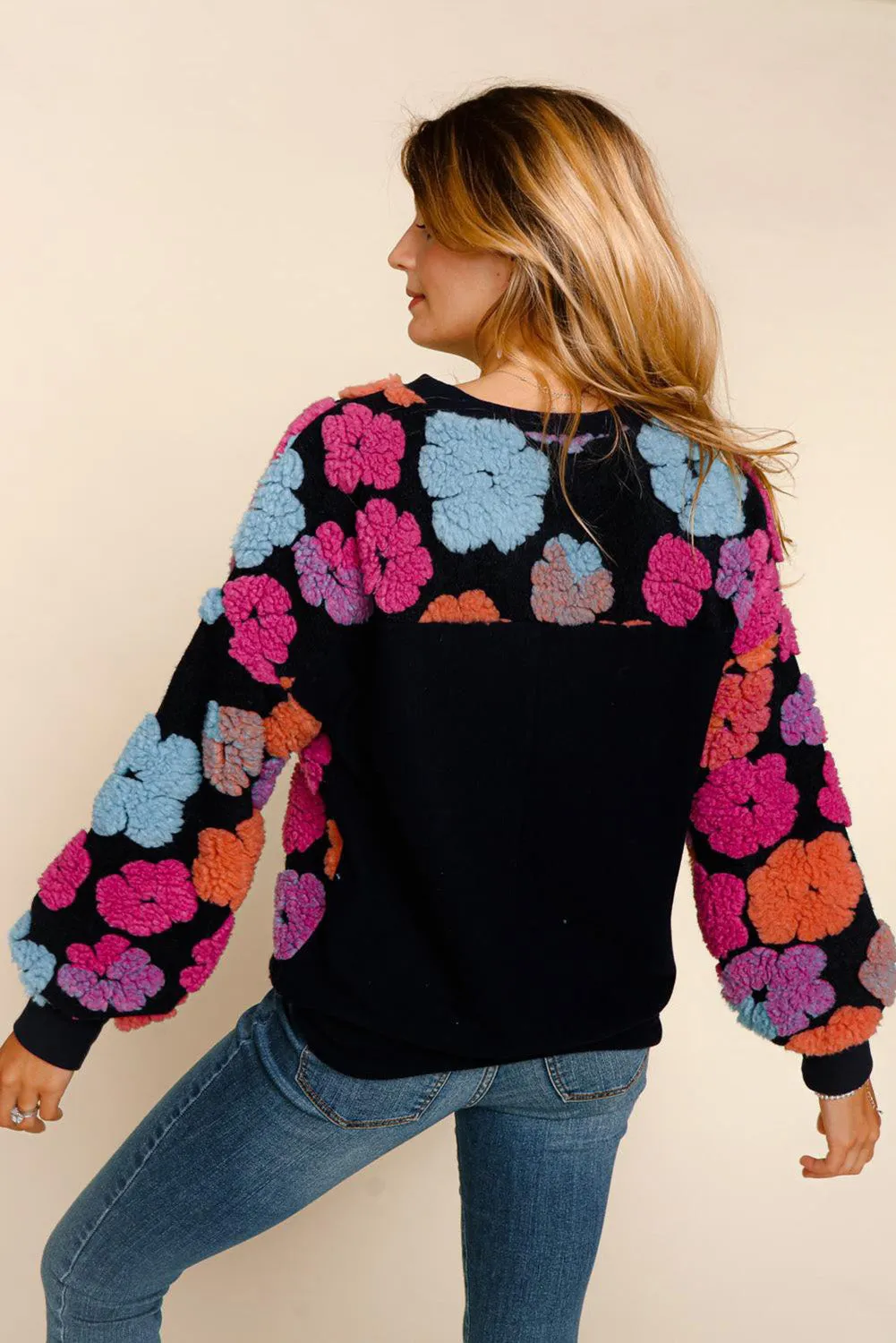 Black Fuzzy Flower Applique Round Neck Sweatshirt