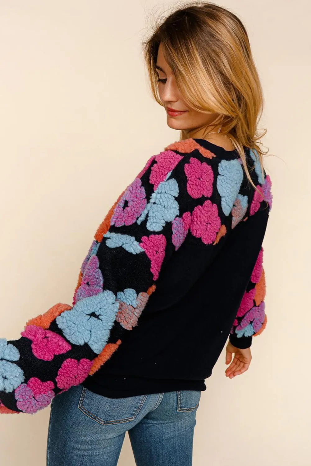 Black Fuzzy Flower Applique Round Neck Sweatshirt