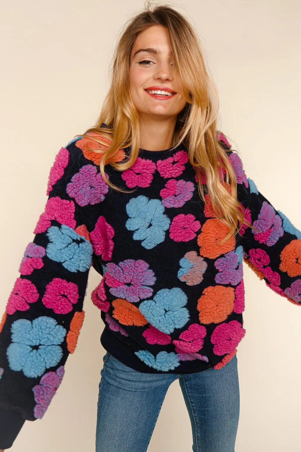 Black Fuzzy Flower Applique Round Neck Sweatshirt