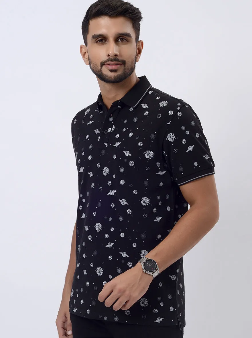 Black Printed Slim Fit Polo T-Shirt | JadeBlue
