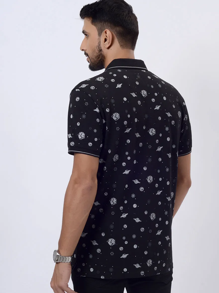 Black Printed Slim Fit Polo T-Shirt | JadeBlue