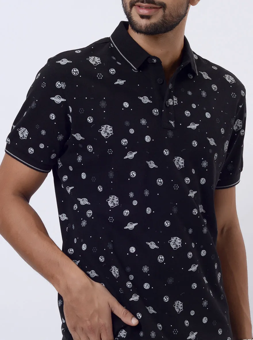 Black Printed Slim Fit Polo T-Shirt | JadeBlue