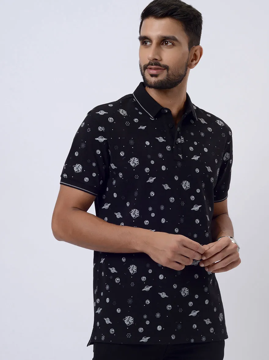 Black Printed Slim Fit Polo T-Shirt | JadeBlue