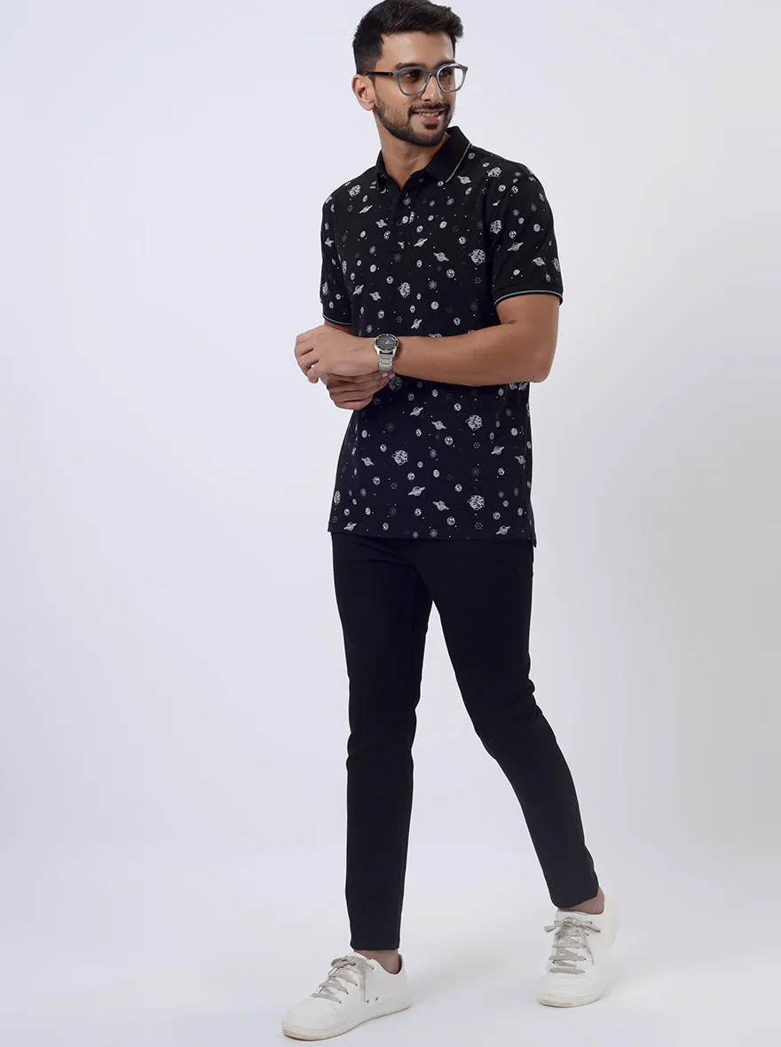 Black Printed Slim Fit Polo T-Shirt | JadeBlue