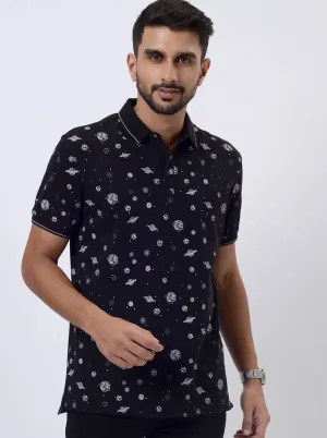Black Printed Slim Fit Polo T-Shirt | JadeBlue
