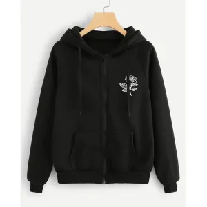 Black Rose Fleece Full Sleeves Zipper Hoodie For Women