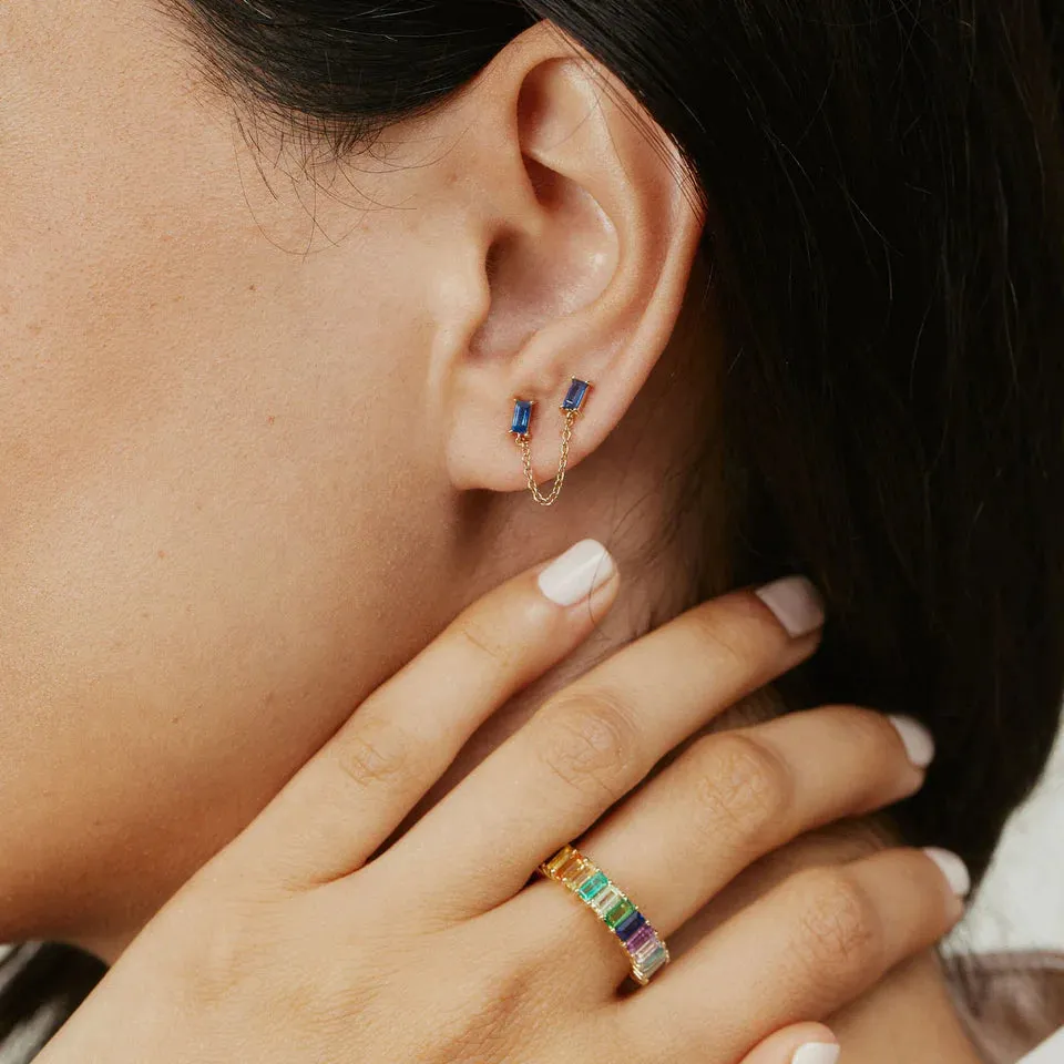 Blue Sapphire Baguette Chain Studs