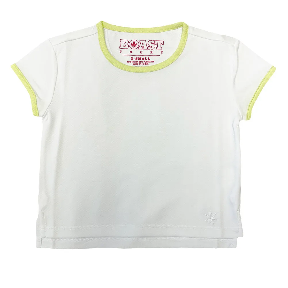 BOAST Girl's White/Sunny Lime Short Sleeve Tennis DOB Shirt $30 NEW