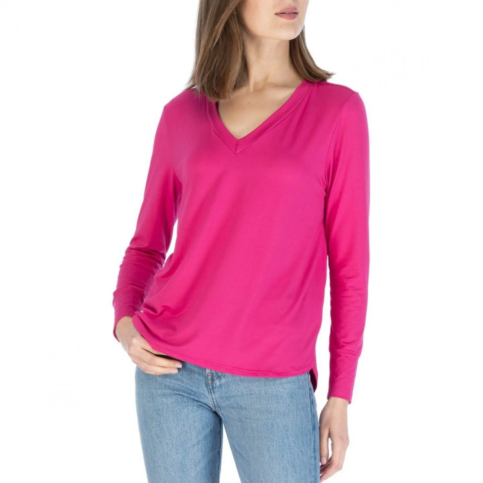 Bobeau Women's V-Neck Rounded Split Hem Butter T-Shirt