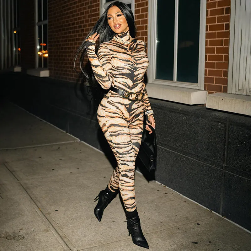 Bold and Fierce Tiger Print High-Neck Bodysuit for Unstoppable Style