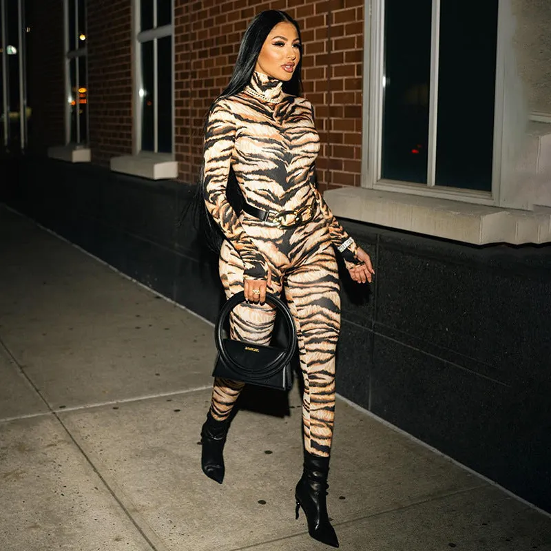 Bold and Fierce Tiger Print High-Neck Bodysuit for Unstoppable Style