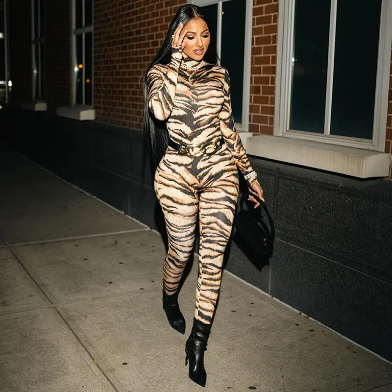 Bold and Fierce Tiger Print High-Neck Bodysuit for Unstoppable Style