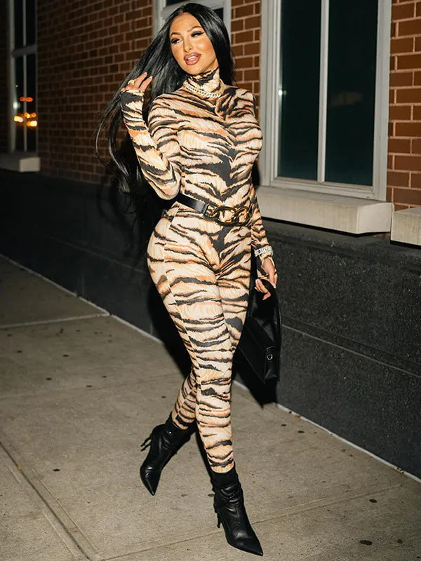 Bold and Fierce Tiger Print High-Neck Bodysuit for Unstoppable Style