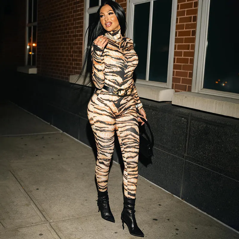 Bold and Fierce Tiger Print High-Neck Bodysuit for Unstoppable Style
