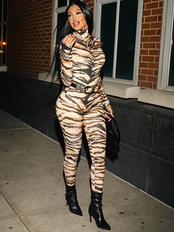 Bold and Fierce Tiger Print High-Neck Bodysuit for Unstoppable Style