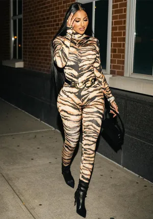 Bold and Fierce Tiger Print High-Neck Bodysuit for Unstoppable Style