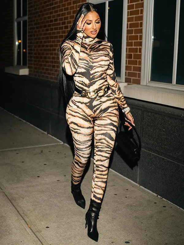 Bold and Fierce Tiger Print High-Neck Bodysuit for Unstoppable Style