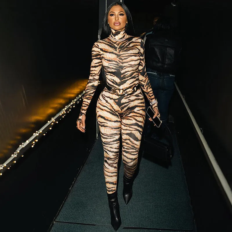 Bold and Fierce Tiger Print High-Neck Bodysuit for Unstoppable Style
