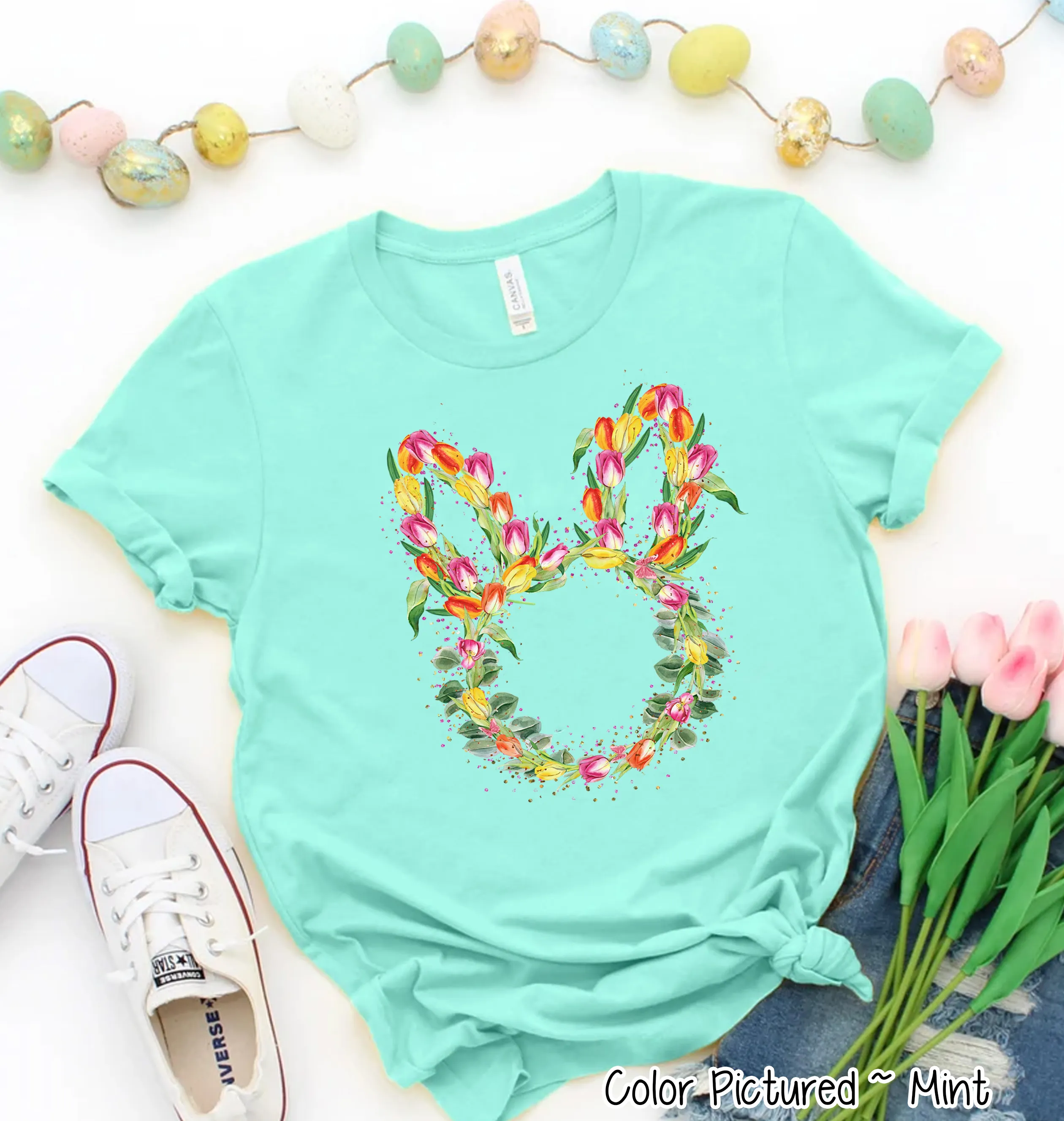 Bunny Head with Tulips Easter Tee