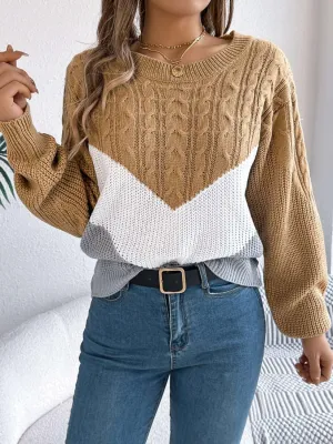 Cable-Knit Color Block Round Neck Sweater – Trendy and Bold