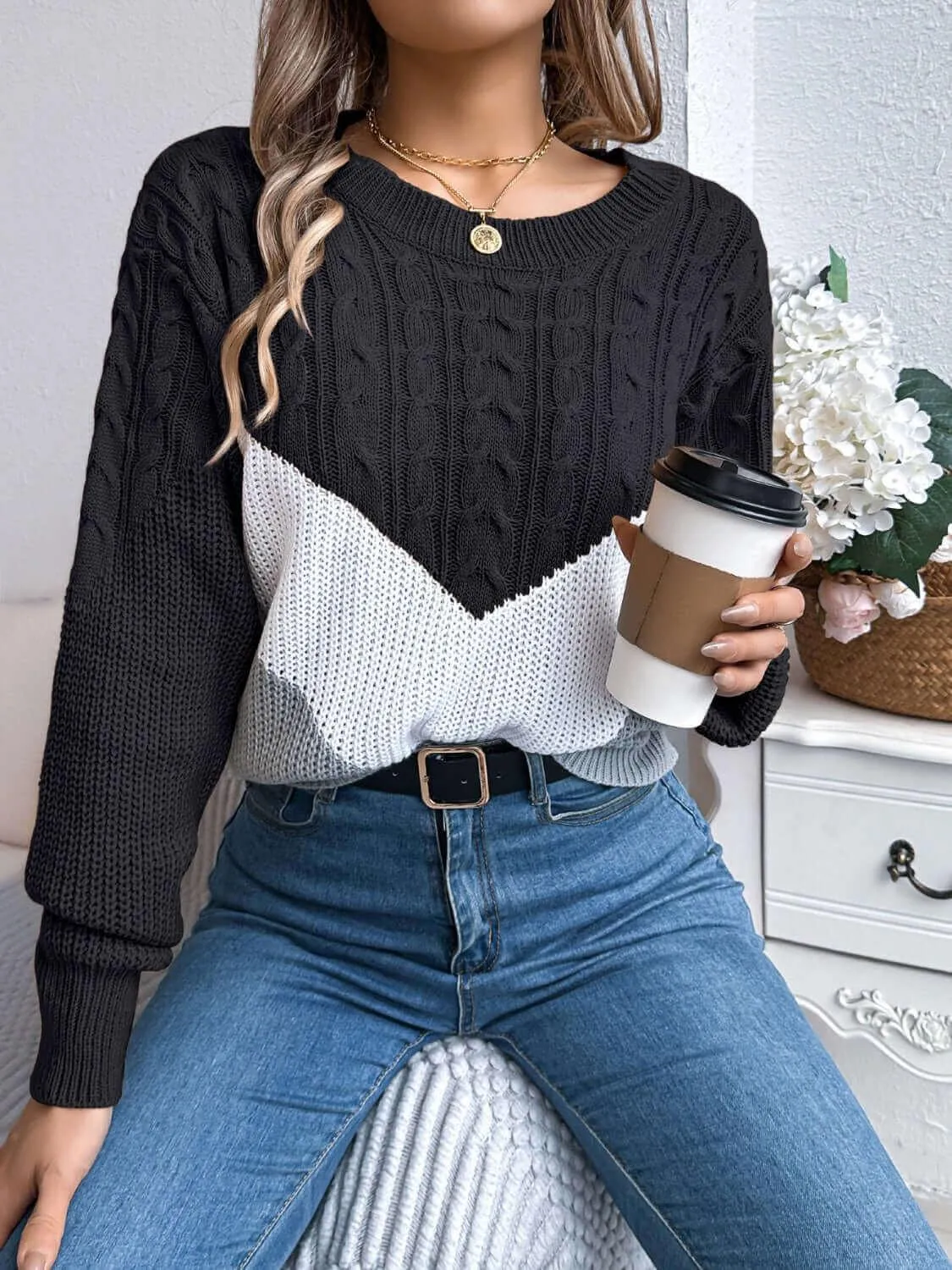 Cable-Knit Color Block Round Neck Sweater – Trendy and Bold