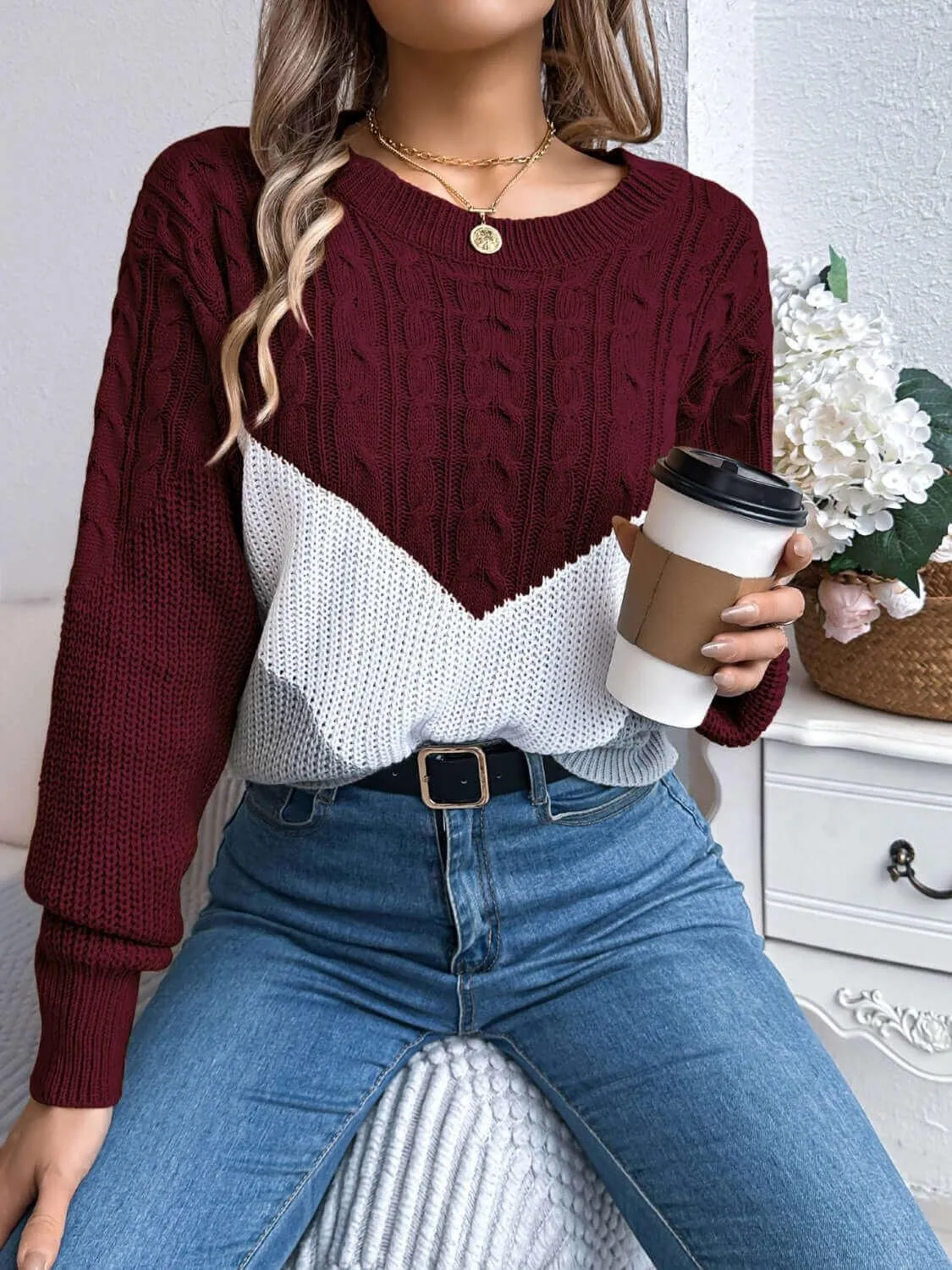 Cable-Knit Color Block Round Neck Sweater – Trendy and Bold
